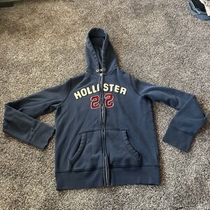 Hollister‎ Hoodie Mens Medium Navy Blue 22 Logo Full Zip Sweatshirt Y2K